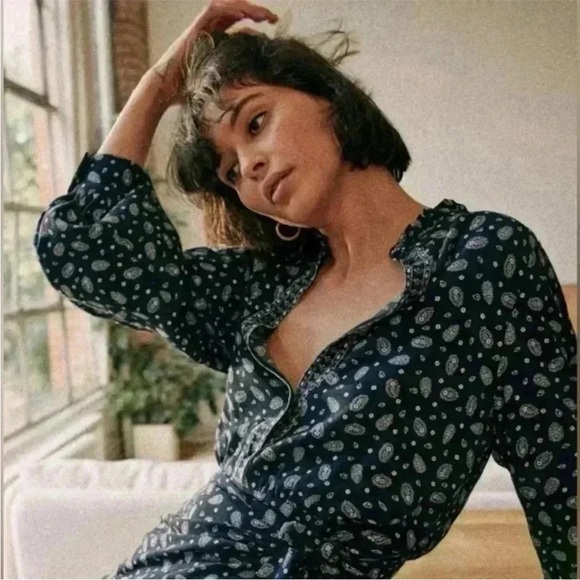 SEZANE Capri Floral Long Sleeve Wrap Mini Dress in Bandana Blue sz US 8 / FR 40 - Picture 6 of 16